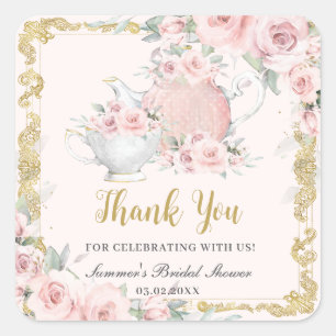 Vintage-Rosa-Blumen-High-Tea-Party-Brautstrauß-Sho Quadratischer Aufkleber