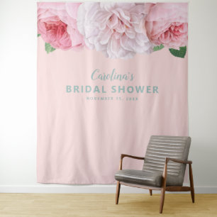 Vintage-Rosa-Blumen-Hochzeitsdusche-Hintergrund ei Wandteppich