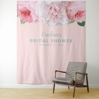 Vintage-Rosa-Blumen-Hochzeitsdusche-Hintergrund ei Wandteppich