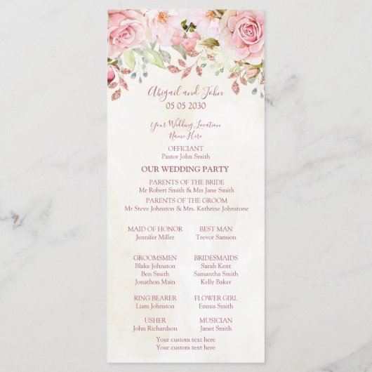 Vintage-Rosa-Blumen-Hochzeitsprogramm Frühling Programm (Rückseite)