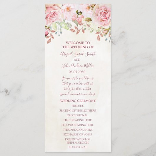 Vintage-Rosa-Blumen-Hochzeitsprogramm Frühling Programm (Vorderseite)