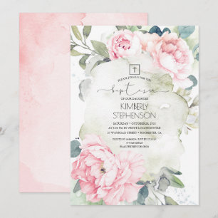 Vintage rosa Blumen und Grün Taufe Einladung
