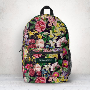 Vintage-Rosa-Blumenmuster mit schwarzem Monogramm Bedruckter Rucksack