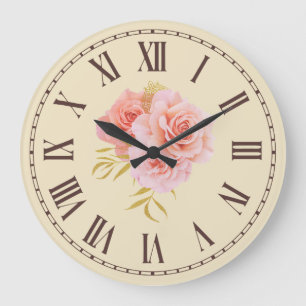 Vintage-Rosa-Blüten-Goldzweig-Blumenmuster Große Wanduhr