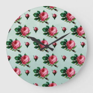 Vintage Rosa Cabbage-Rose Große Wanduhr