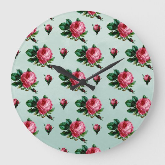 Vintage Rosa Cabbage-Rose Große Wanduhr (Vorderseite)