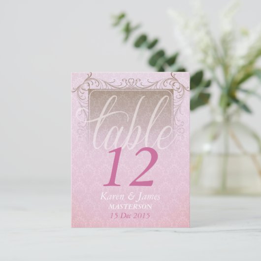 Vintage Rosa Damask Dream Wedding Tischnummer (Stehend Vorderseite)