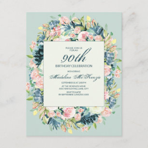 Vintage-Rosa-Elfenbein-Blumen-Mint-90. Geburtstag Einladung