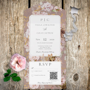 Vintage rosa errötendes florales Monogramm QR-Code All In One Einladung
