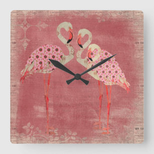 Vintage-Rosa-Flamingos-Uhr Quadratische Wanduhr