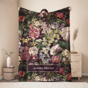 Vintage rosa florales schwarzes Muster Monogramm Fleecedecke