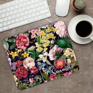 Vintage rosa florales schwarzes Muster Monogramm Mousepad