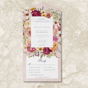 Vintage Rosa Gelbe Blumige Rosa Hochzeitsessen All In One Einladung
