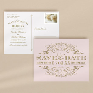 Vintage Rosa Goldene Schnörkel Save-the-Date-Karte Ankündigungspostkarte