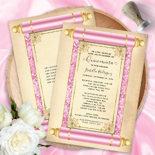 Vintage Rosa Goldene Schrift Elegante Quinceañera Einladung