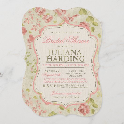 Vintage Rosa Grüne Blumendusche Einladung (Vorne/Hinten)