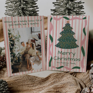 Vintage Rosa Grüne Handgezeichnete Weihnachtsbaum- Feiertagskarte