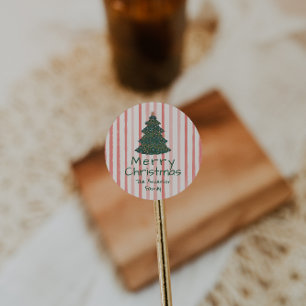 Vintage Rosa Grüner Handgezeichneter Weihnachtsbau Runder Aufkleber