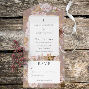 Vintage rosa Hauch Floral Monogram Keine Dinner All In One Einladung