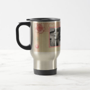 Vintage rosa Herz Blumen Foto Wasserfarbe  Reisebecher