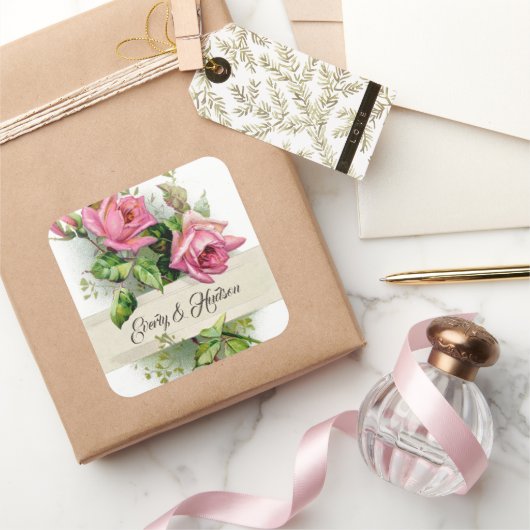 Vintage Rosa Hochzeiten Rose Quadratischer Aufkleber (Schenken)