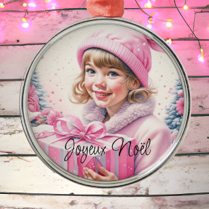 Vintage Rosa Kleines Mädchen Weihnachten Joyeux No Ornament Aus Metall