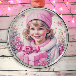 Vintage rosa kleines Mädchen Weihnachten Ornament Aus Metall