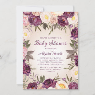 Vintage-Rosa-Lila-Blumen-Baby-Shower Einladung