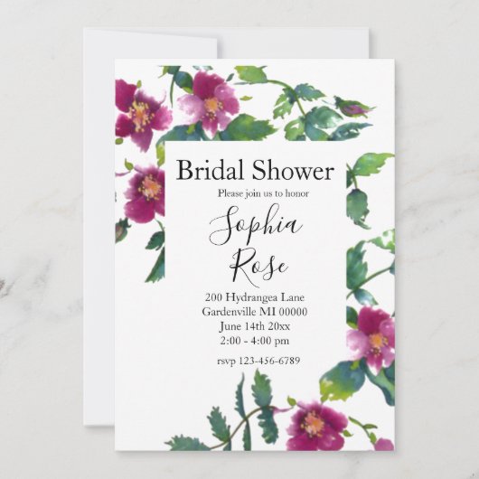 Vintage rosa Magenta-Rose, Aquarellrosa Rosen Einladung (Vorderseite)