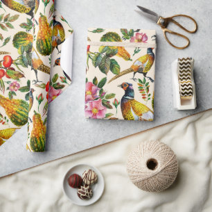 Vintage rosa orange gelbe Vögel Rosen Blumen Geschenkpapier
