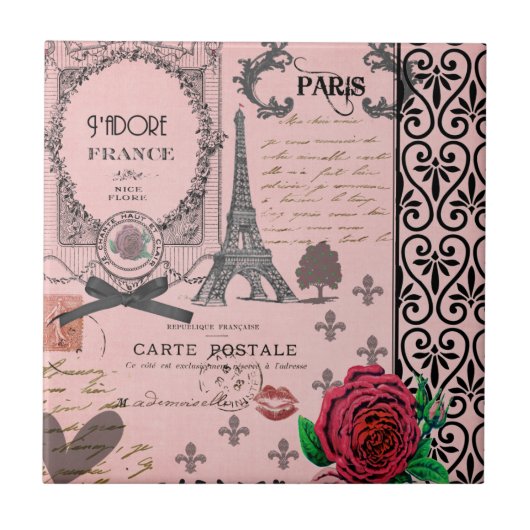 Vintage rosa Paris-Collage Fliese (Vorderseite)
