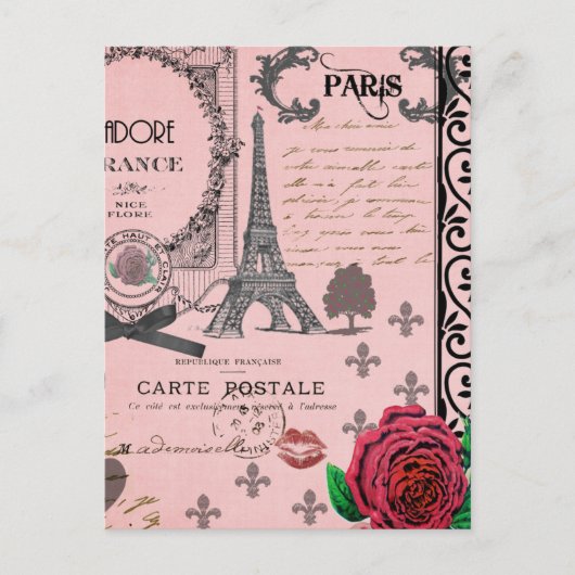 Vintage Rosa Paris Collage Postkarte (Vorderseite)