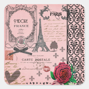 Vintage Rosa Paris Collage Quadratischer Aufkleber
