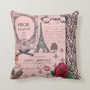 Vintage-Rosa-Paris-Collage-romantisches Kissen