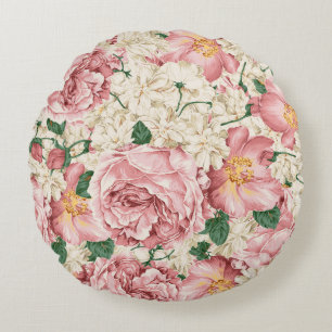 Vintage rosa Pfingstrosen und elfenbeinfarbene Hor Rundes Kissen
