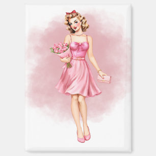 Vintage rosa Pin-Up-Girl mit Rosen Magnet