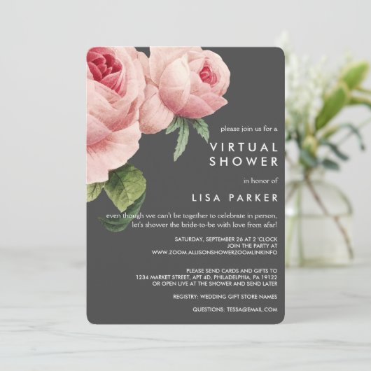 Vintage rosa Rose Virtual Dusche Einladung (Stehend Vorderseite)