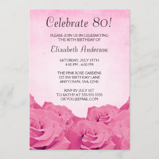 Vintage rosa Rosen-80. Geburtstags-Party Einladung