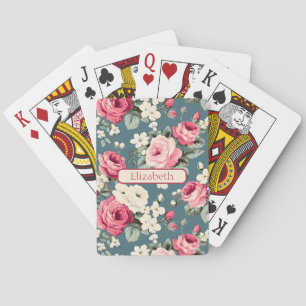 Vintage rosa Rosen auf personalisiertem Tiefblau Spielkarten