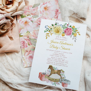 Vintage-Rosa-Rosen-Blumen-Schaukelpferd-Baby-Party Einladung