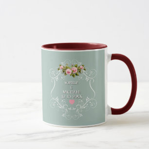 Vintage rosa Rosen Blumen und Salbei grüne Hochzei Tasse