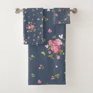 Vintage-Rosa-Rosen-Blumenmuster-Navyblau  Badhandtuch Set