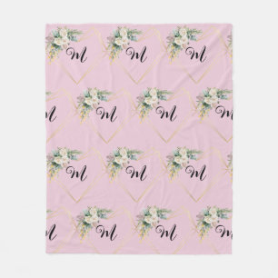 Vintage Rosa Rosen Goldenes Herz Monogramm Fleecedecke