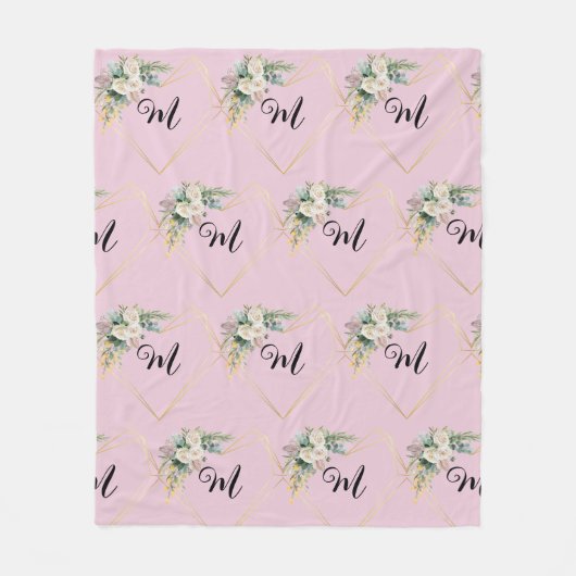 Vintage Rosa Rosen Goldenes Herz Monogramm Fleecedecke (Vorderseite)