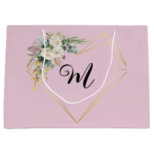 Vintage Rosa Rosen Goldenes Herz Monogramm Große Geschenktüte