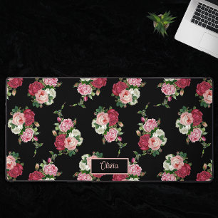 Vintage-Rosa-Rosen mit Namen-schwarzer Hintergrund Schreibtischunterlage