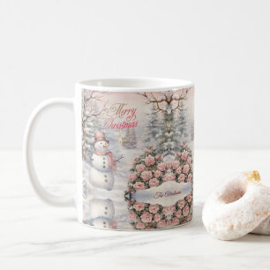 Vintage-Rosa-Rosen, Schneemann-Weihnachtsdorf Kaffeetasse