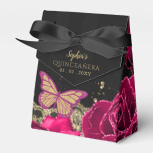 Vintage rosa Rosen Schwarz Goldene Spitze Quinceañ Geschenkschachtel
