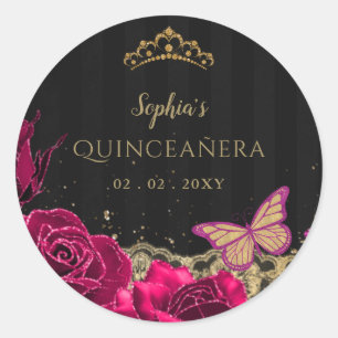 Vintage rosa Rosen Schwarz Goldspitze Quinceañera Runder Aufkleber
