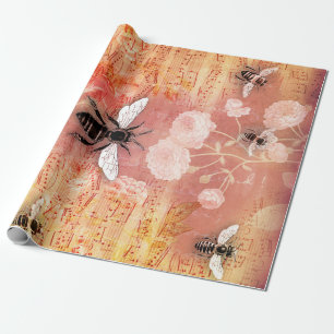 Vintage-Rosa-Rosen und Bienen-Musik-Decoupage-Verp Geschenkpapier